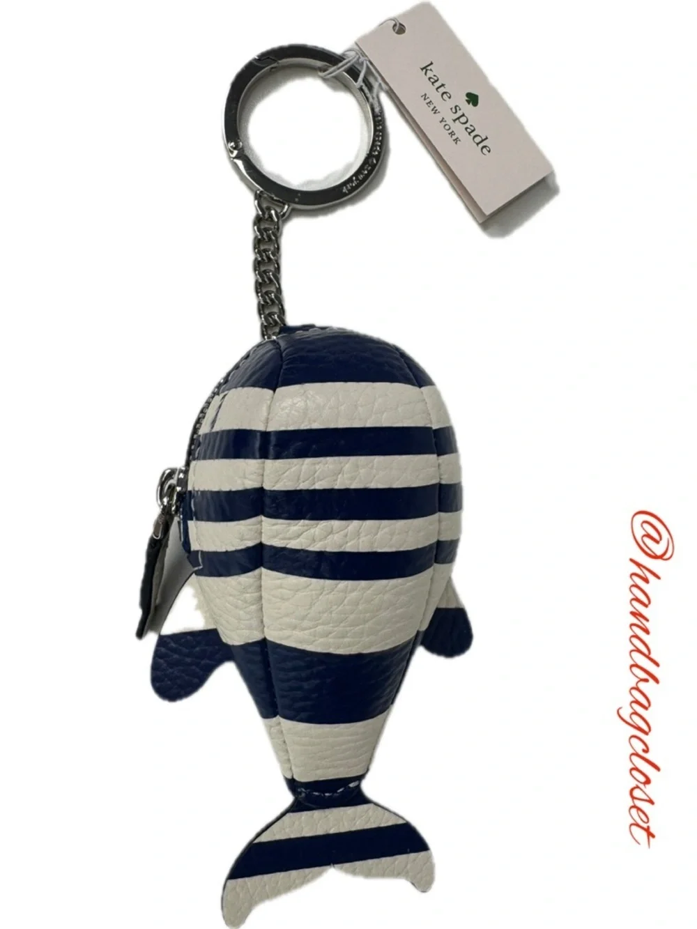Kate Spade Navy & White Striped Whale Shore Leather Coin Purse Keychain Fob